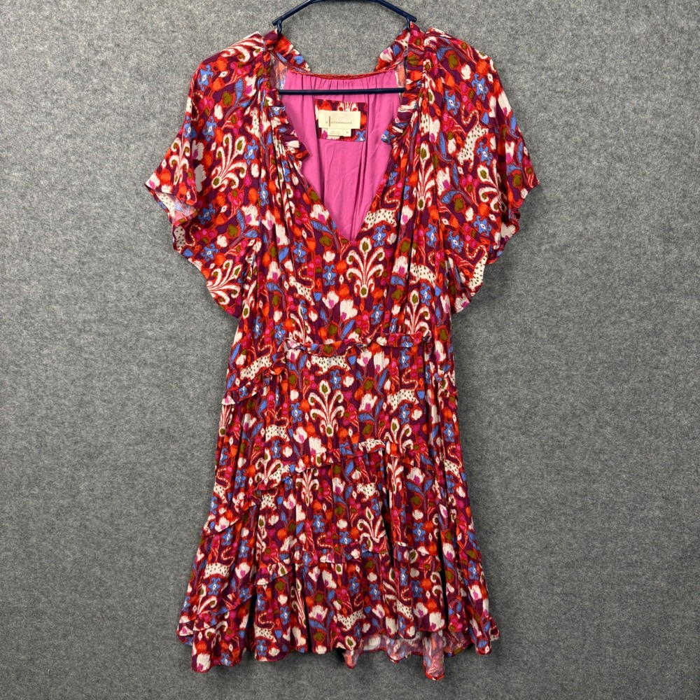 Anthropologie Pink Red Ikat Floral Tiered Mini Dress V-Neck Flutter Sleeve M